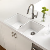 Houzer Platus 32" Fireclay 50/50 Double Bowl Undermount Kitchen Sink with Accessories, White, PTU-3200 WH-C