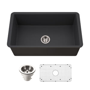 Alternate Image for Houzer Platus 32 inch Black Fireclay Undermount Single Bowl Kitchen Sink - PTU-3600 BL-C with Basket Strainer and Basin Grid Included