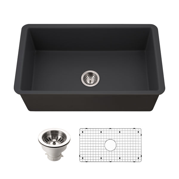 Houzer Platus 32 inch Black Fireclay Undermount Single Bowl Kitchen Sink - PTU-3600 BL-C with Basket Strainer and Basin Grid Included