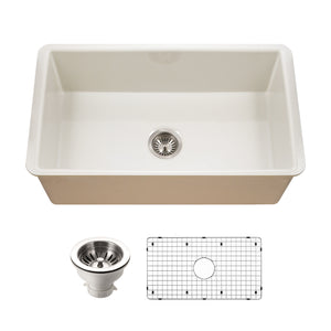 Alternate Image for Houzer Platus 32 inch Biscuit Fireclay Undermount Single Bowl Kitchen Sink - PTU-3600 BQ-C with Basket Strainer and Basin Grid Included