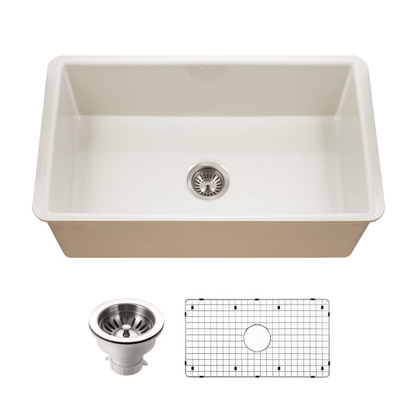 Houzer Platus 32 inch Biscuit Fireclay Undermount Single Bowl Kitchen Sink - PTU-3600 BQ-C with Basket Strainer and Basin Grid Included