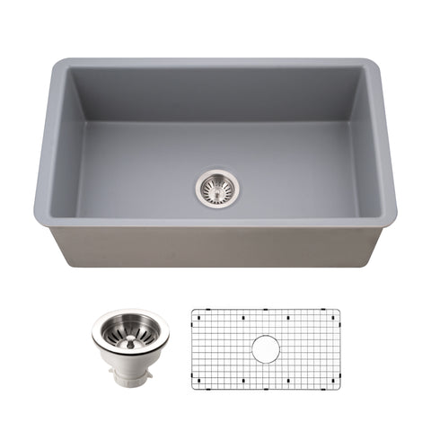 Houzer Platus 32 inch Gray Fireclay Undermount Single Bowl Kitchen Sink - PTU-3600 GR-C with Basket Strainer and Basin Grid Included