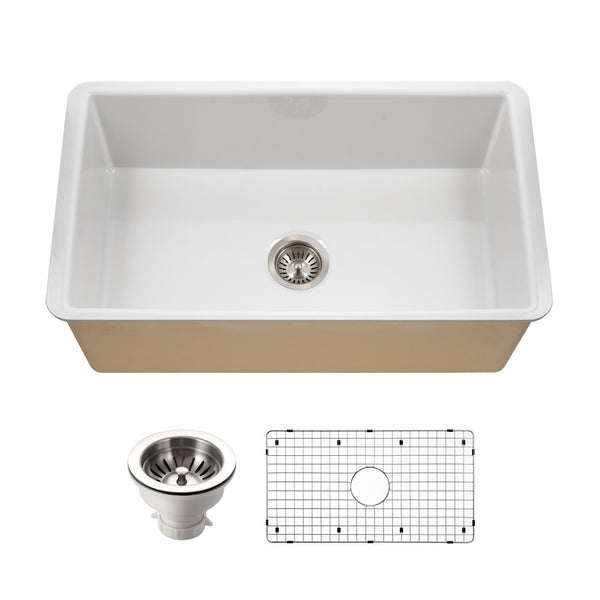 Houzer Platus 32 inch White Fireclay Undermount Single Bowl Kitchen Sink - PTU-3600 WH-C with Basket Strainer and Basin Grid Included