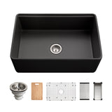 Houzer Aspire 30 inch Black Fireclay Farmhouse Apron Front Single Bowl Workstation Sink with Accessories - PTW-3020S BL