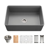 Houzer Aspire 30 inch Gray Fireclay Farmhouse Apron Front Single Bowl Workstation Sink with Accessories - PTW-3020S GR