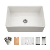 Houzer Aspire 30 inch Matte White Fireclay Farmhouse Apron Front Single Bowl Workstation Sink with Accessories PTW-3020S MWH