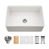 Houzer Aspire 30 inch White Fireclay Farmhouse Apron Front Single Bowl Workstation Sink with Accessories - PTW-3020S WH