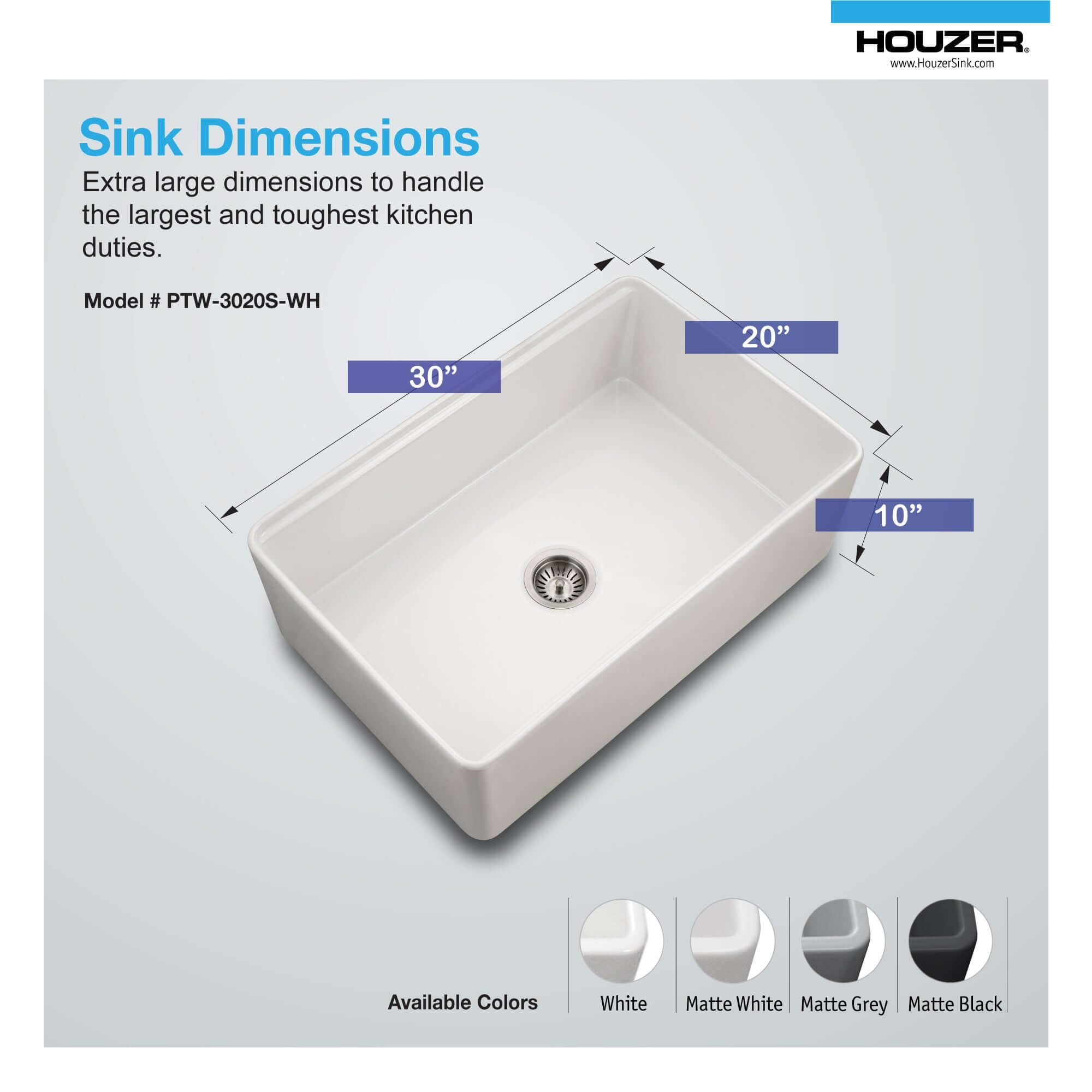 Houzer Aspire 30 inch White Fireclay Farmhouse Apron Front Single Bowl Workstation Sink with Accessories - PTW-3020S WH