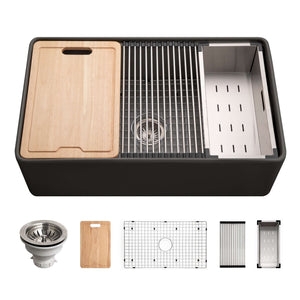Alternate Image for Houzer Aspire 33 inch Black Fireclay Farmhouse Apron Front Single Bowl Workstation with Accessories - PTW-3320 BL Farmhouse Sink, PTW-3320S BL