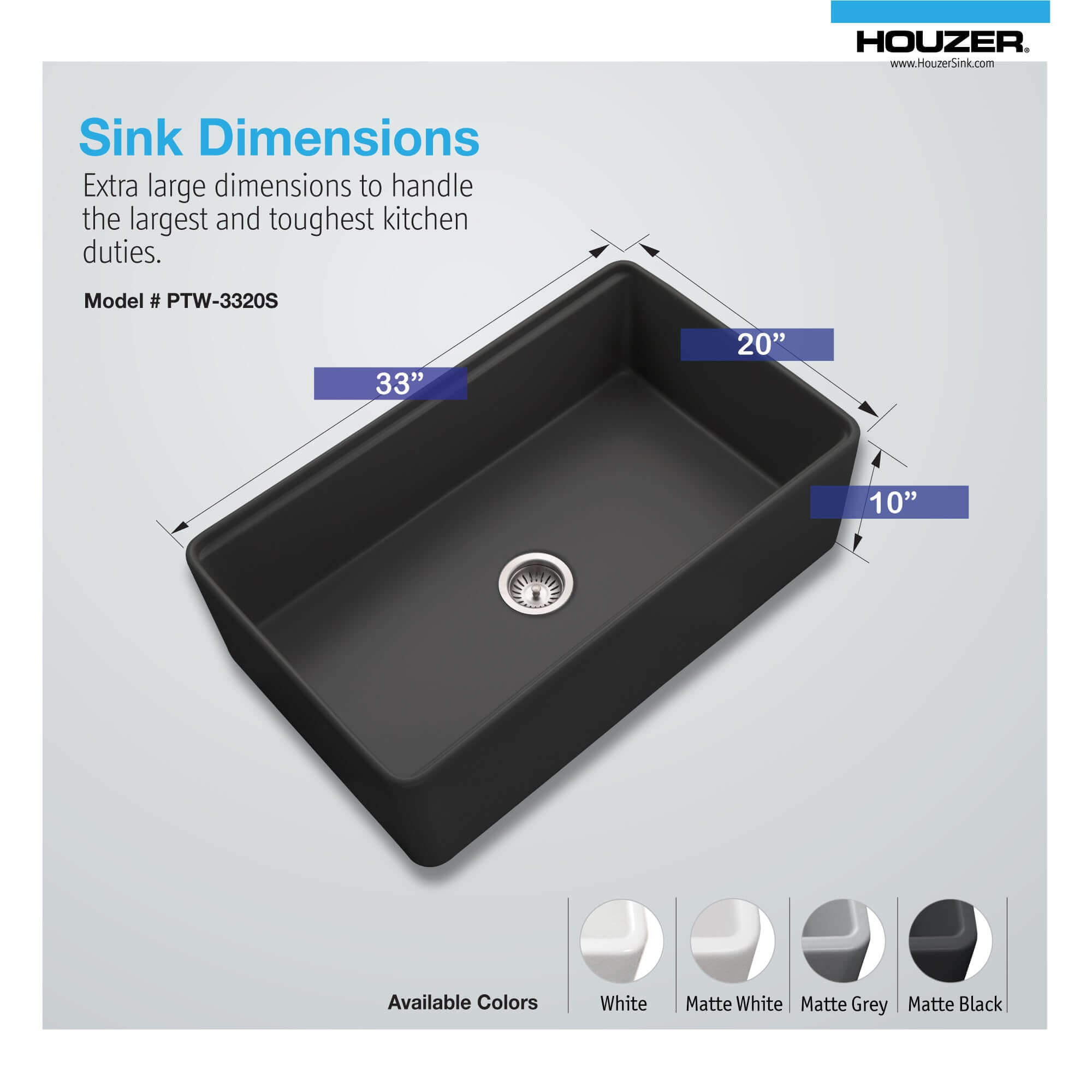 Houzer Aspire 33 inch Black Fireclay Farmhouse Apron Front Single Bowl Workstation with Accessories - PTW-3320 BL Farmhouse Sink, PTW-3320S BL