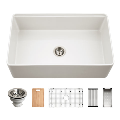 Houzer Aspire 33 inch Matte White Fireclay Farmhouse Apron Front Single Bowl Workstation with Accessories - PTW-3320S MWH