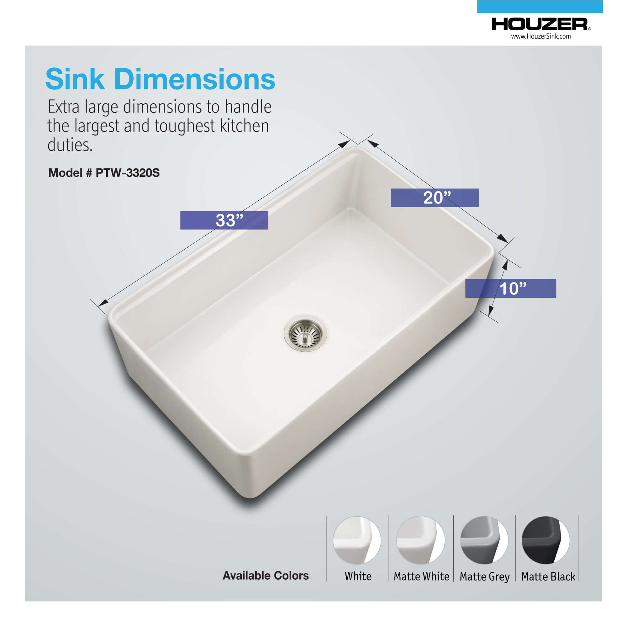 Houzer Aspire 33 inch Matte White Fireclay Farmhouse Apron Front Single Bowl Workstation with Accessories - PTW-3320S MWH