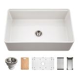 Houzer Aspire 33 inch White Fireclay Farmhouse Apron Front Single Bowl Workstation with Accessories - PTW-3320S WH