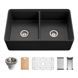 Houzer Aspire 33 inch Black Fireclay Farmhouse Apron Front 50/50 Double Bowl Workstation Sink with Accessories - PTW-3320SD BL