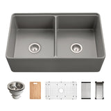 Houzer Aspire 33 inch Gray Fireclay Farmhouse Apron Front 50/50 Double Bowl Workstation Sink with Accessories - PTW-3320SD GR