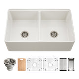 Houzer Aspire 33 inch Matte White Fireclay Farmhouse Apron Front 50/50 Double Bowl Workstation Sink with Accessories - PTW-3320SD MWH