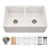 Houzer Aspire 33 inch White Fireclay Farmhouse Apron Front 50/50 Double Bowl Workstation Sink with Accessories - PTW-3320SD WH