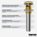 Karran Bathroom Accessory PUOF25 Pop-Up Vanity Bowl Drain with Overflow in Brushed Gold, Lead-free Brass, PUOF25BG