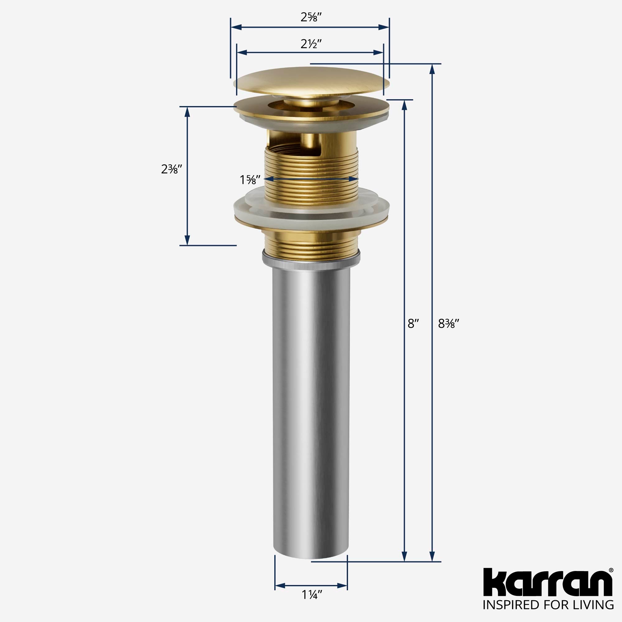 Alternate Image for Karran Bathroom Accessory PUOF25 Pop-Up Vanity Bowl Drain with Overflow in Brushed Gold, Lead-free Brass, PUOF25BG