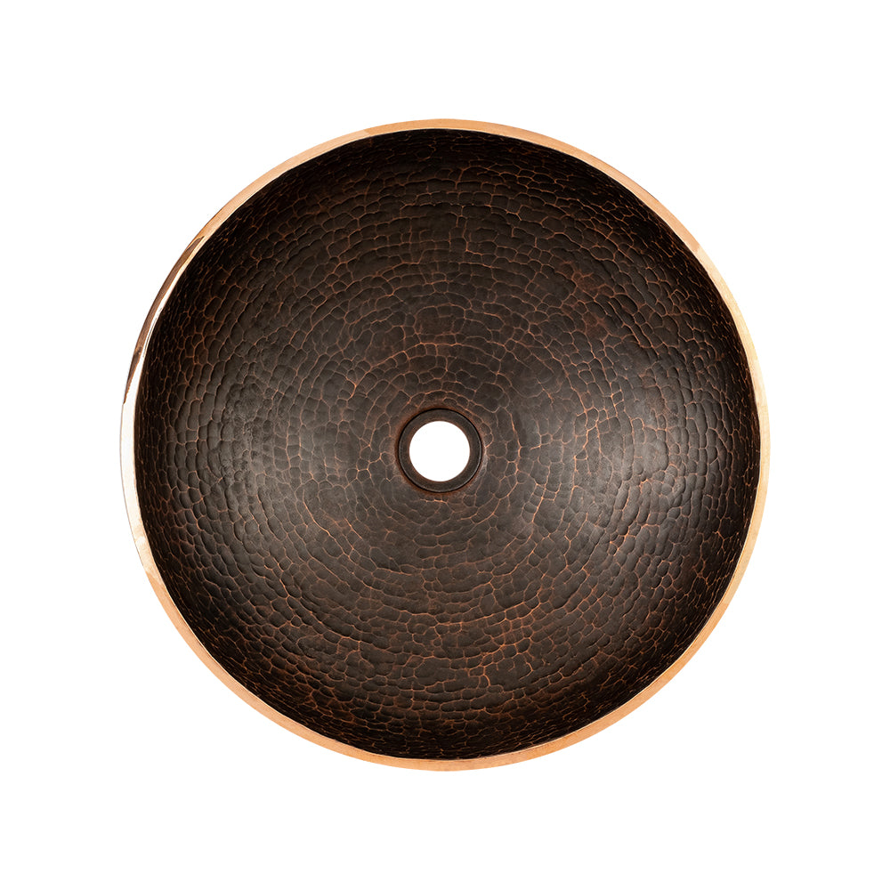 Premier Copper Products 16" Round Hand Forged Old World Copper Vessel Bathroom Sink, Matching Drain and Accessories, Oil Rubbed Bronze, BSP5_PV16RDB-P
