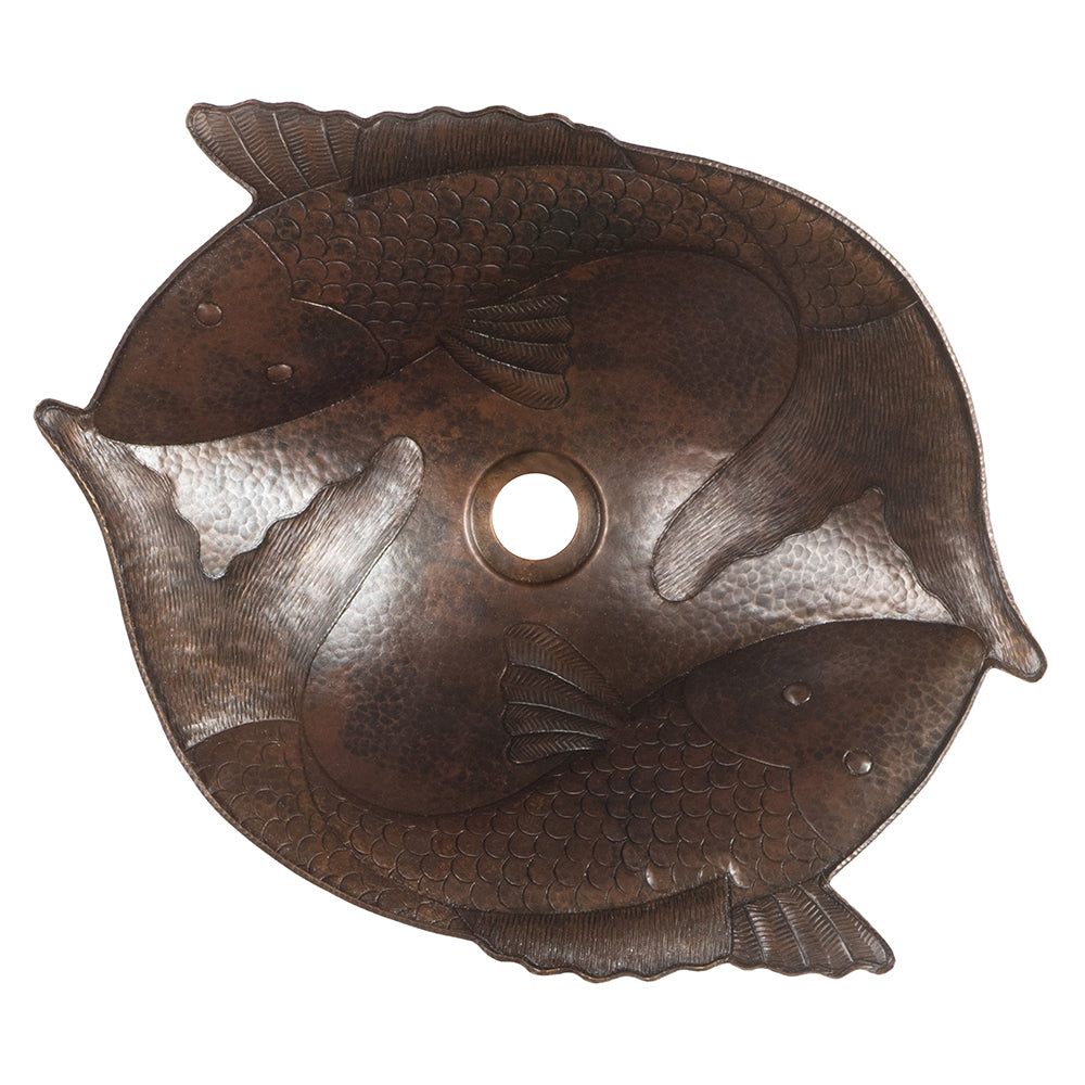 Premier Copper Products Two Fish Vessel Hammered Copper Bathroom Sink, Matching Drain and Accessories, Oil Rubbed Bronze, BSP5_PV2FHDB-P