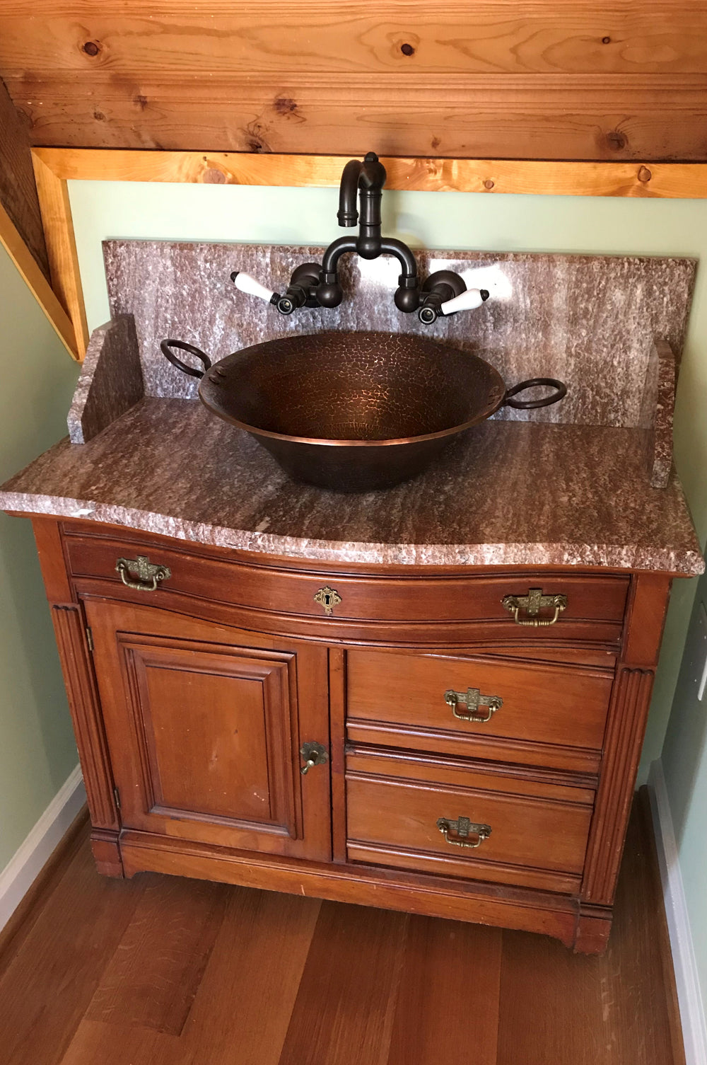 Installation Image of Premier Copper Products 21" Round Copper Bathroom Sink, Oil Rubbed Bronze, PVMPDB
