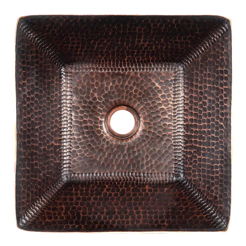 Premier Copper Products 14" Square Hand Forged Old World Copper Vessel Bathroom Sink, Matching Drain and Accessories, Oil Rubbed Bronze, BSP5_PVSQ14DB-P