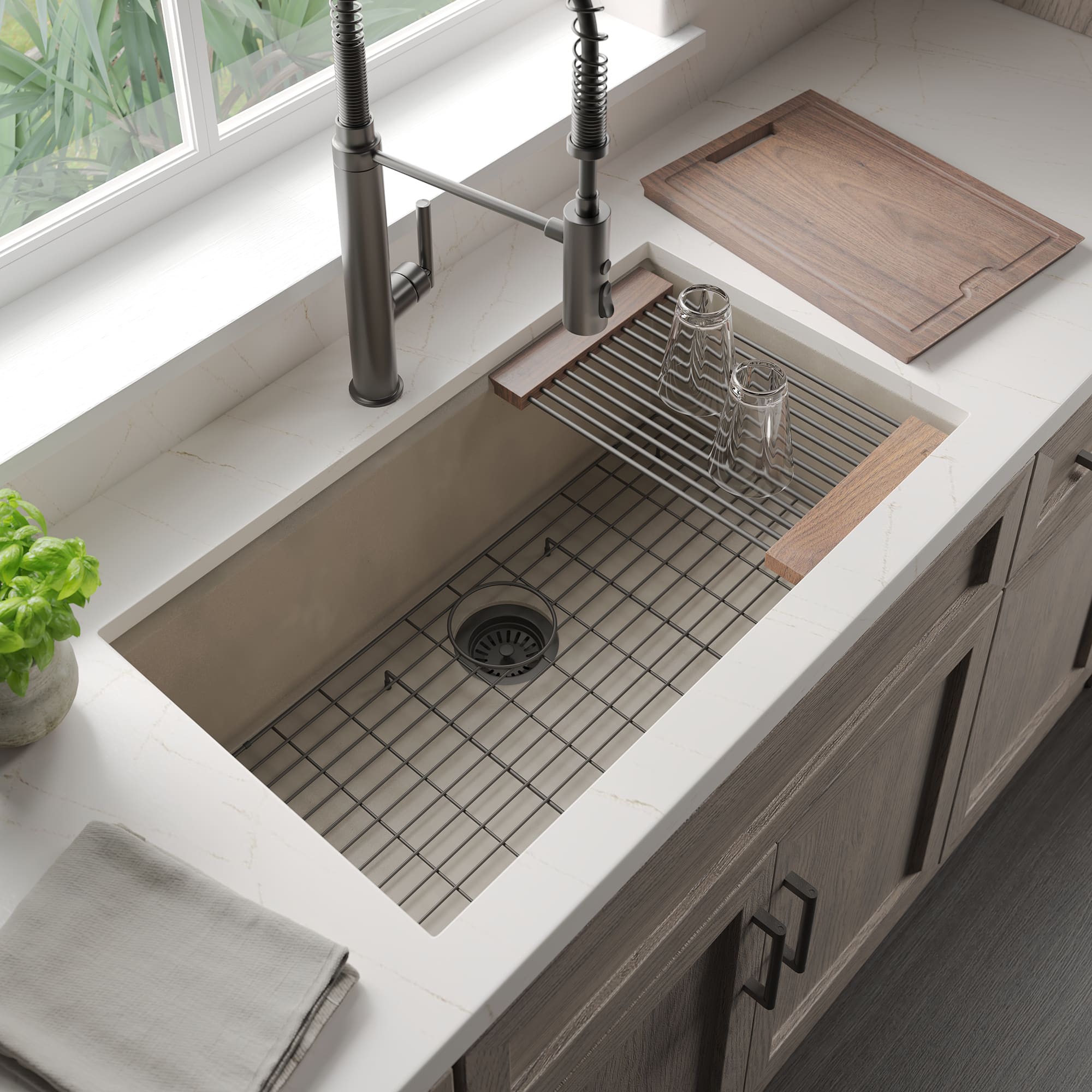 Native Trails Pacifica Concierge 34" Undermount NativeStone Concrete Workstation Kitchen Sink, Earth, NSKG3319-E