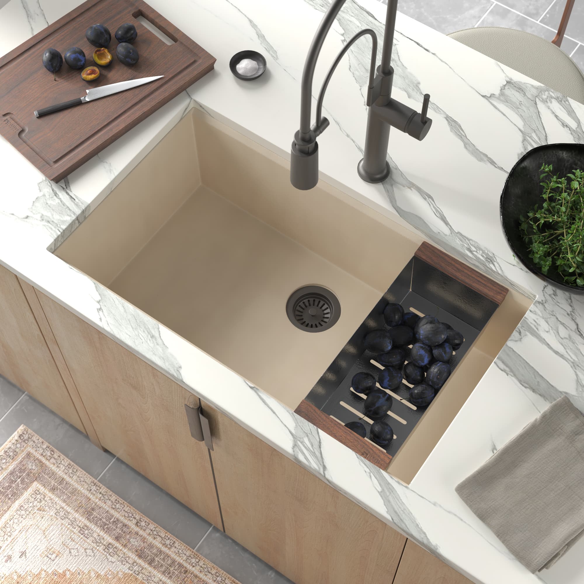 Native Trails Pacifica Concierge 34" Undermount NativeStone Concrete Workstation Kitchen Sink, Sand, NSKG3319-D