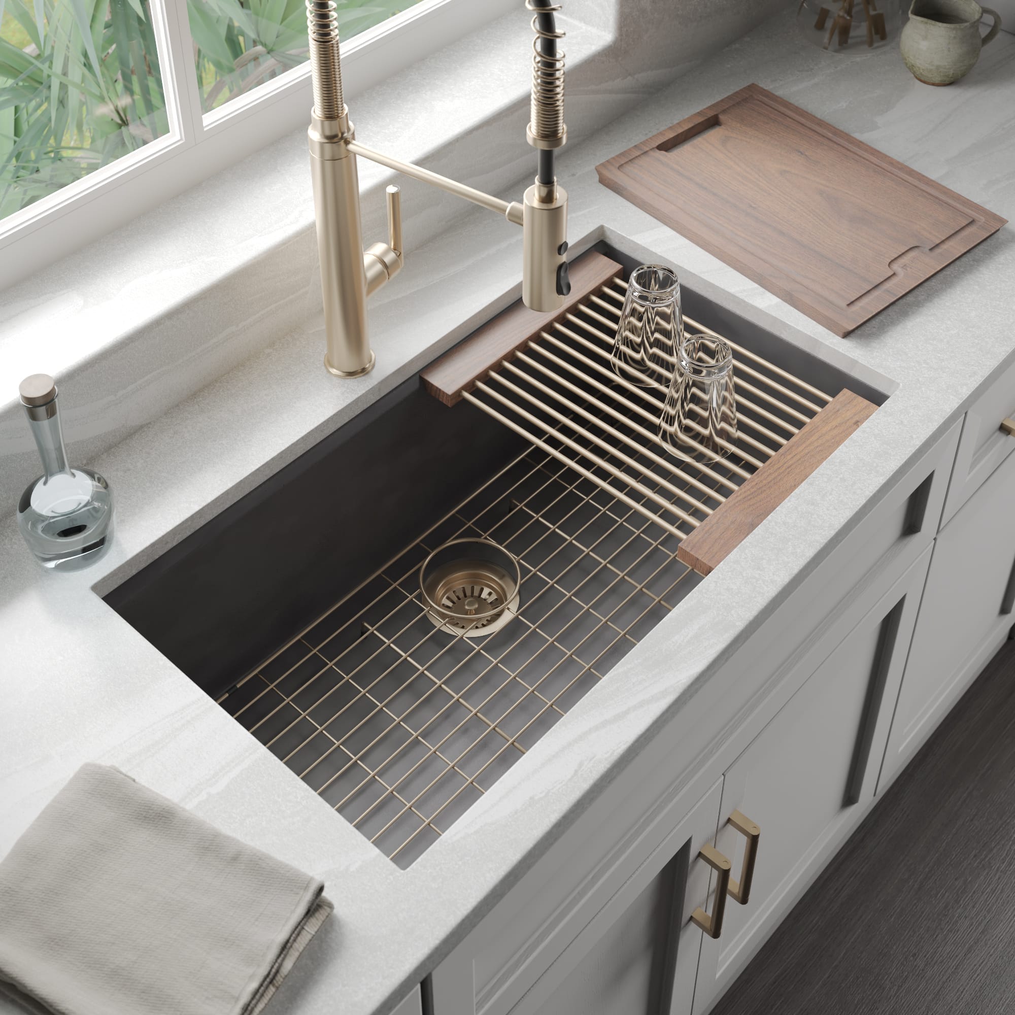 Native Trails Pacifica Concierge 34" Undermount NativeStone Concrete Workstation Kitchen Sink, Slate, NSKG3319-S