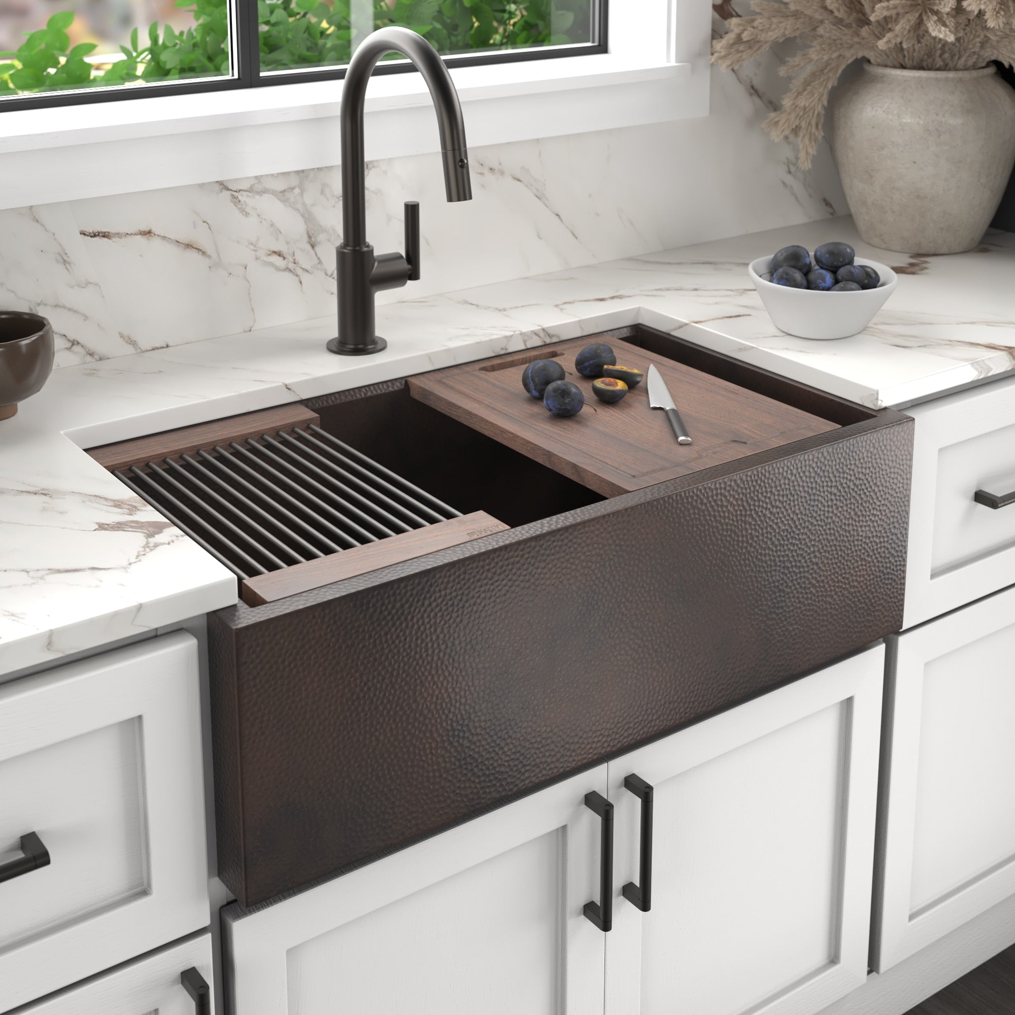 Native Trails Pinnacle Concierge 33" Copper Workstation Farmhouse Kitchen Sink, Antique Copper, CPKG292