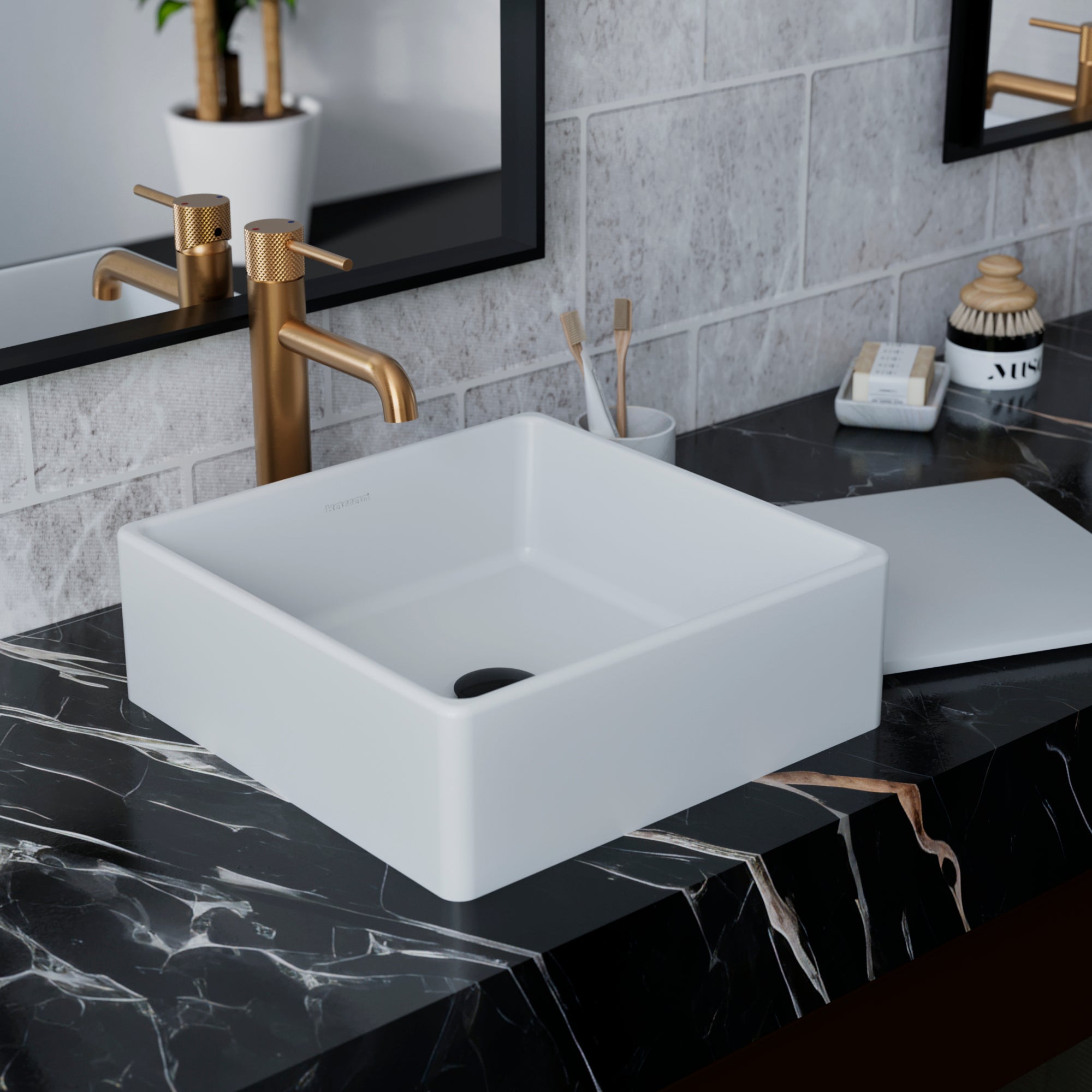 Karran Quattro 14.5" x 14.5" Square Vessel Acrylic Solid Surface ADA Bathroom Sink, White, QM175WH