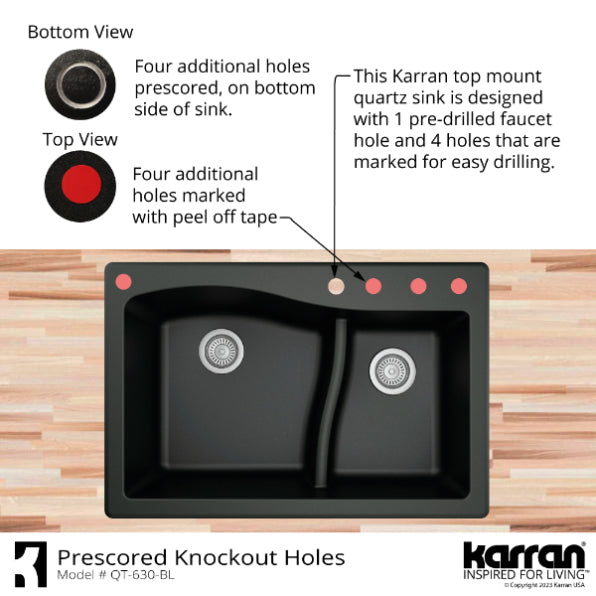 Karran 33" Drop In/Topmount Quartz Composite Kitchen Sink, 60/40 Double Bowl, Brown, QT-630-BR