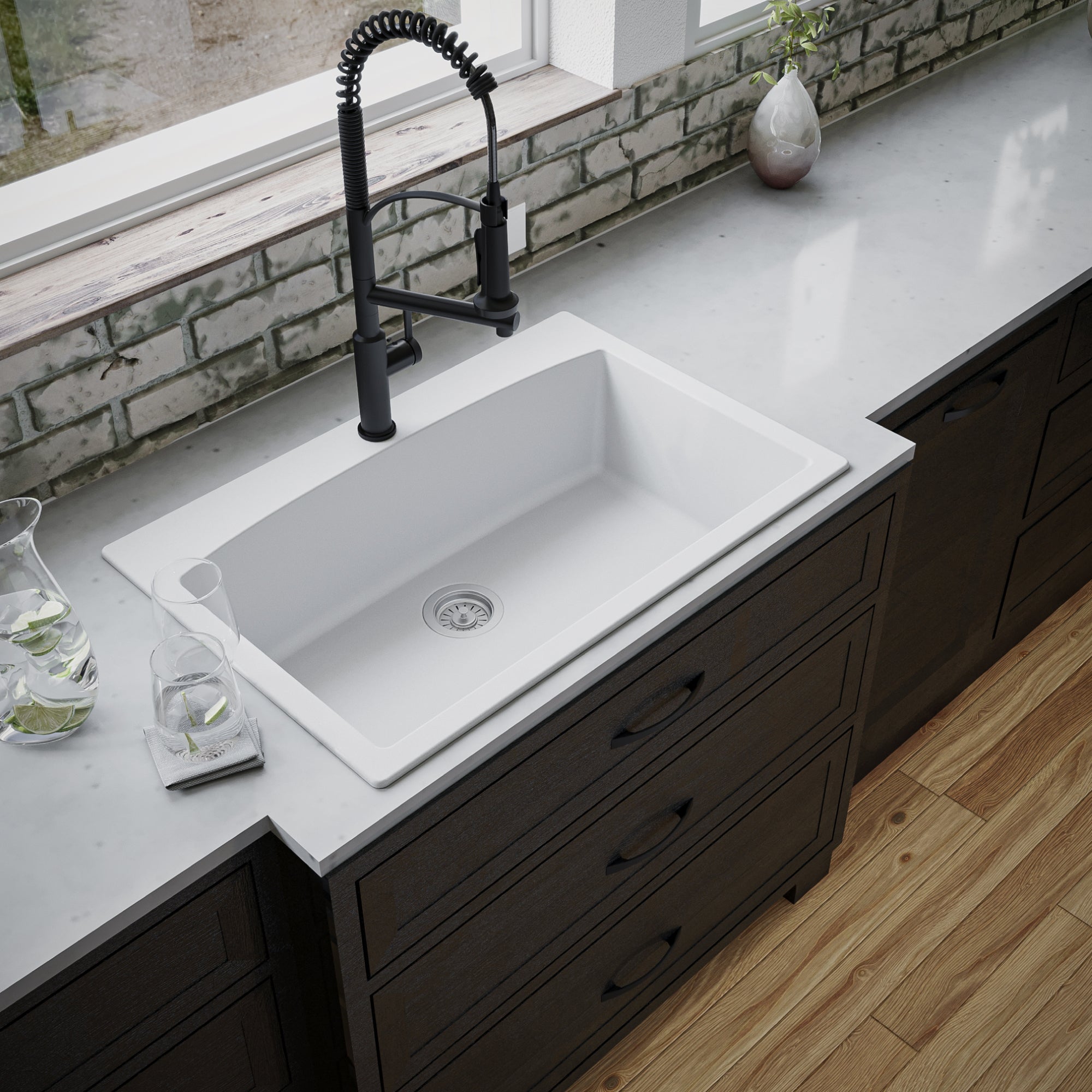 Karran 33" Drop In/Topmount Quartz Composite Kitchen Sink, White, QT-712-WH