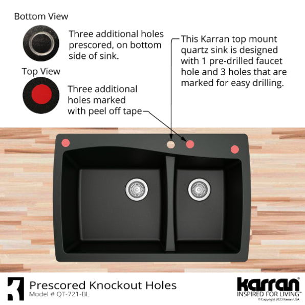 Karran 34" Drop In/Topmount Quartz Composite Kitchen Sink, 60/40 Double Bowl, Black, QT-721-BL