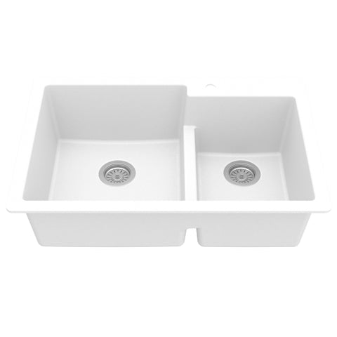 Karran 33" Drop In/Topmount Quartz Composite Kitchen Sink, 60/40 Double Bowl, White, QT-811-WH