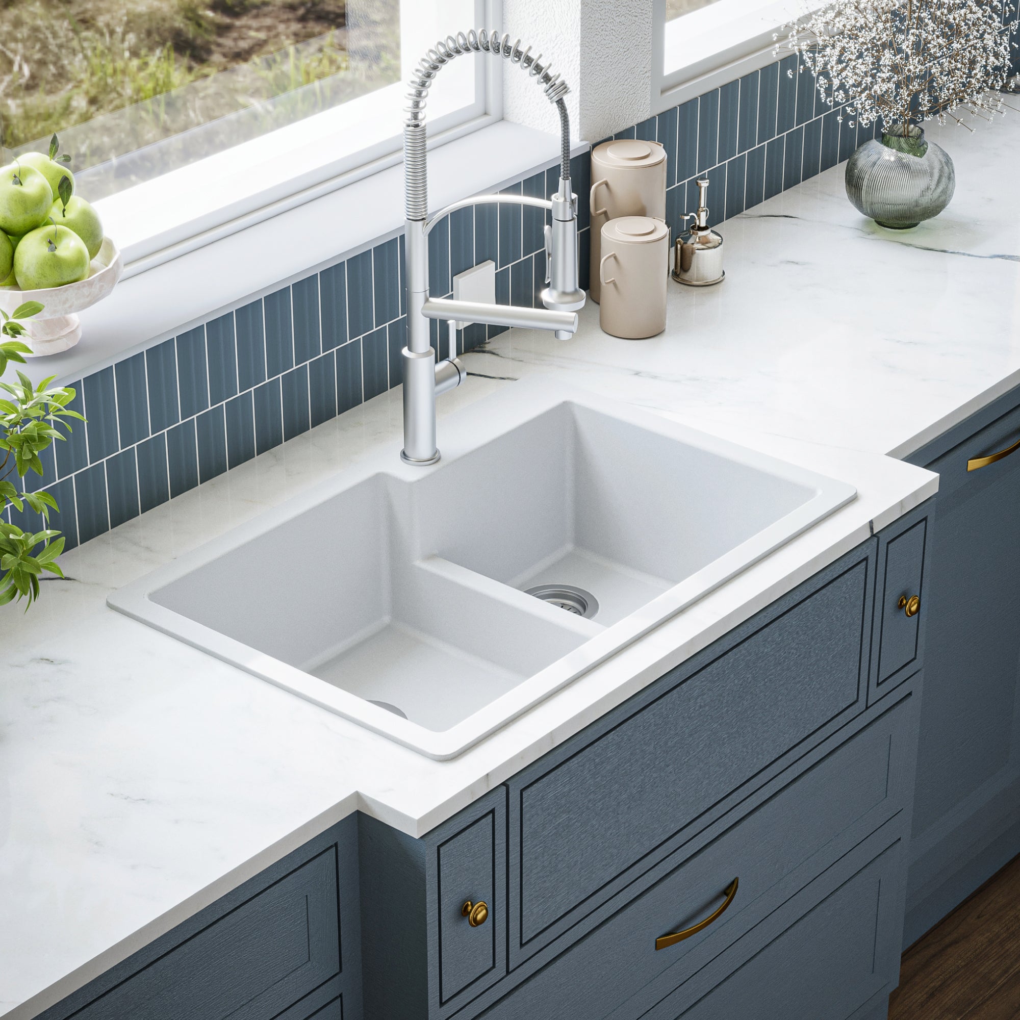 Karran 33" Drop In/Topmount Quartz Composite Kitchen Sink, 60/40 Double Bowl, White, QT-811-WH