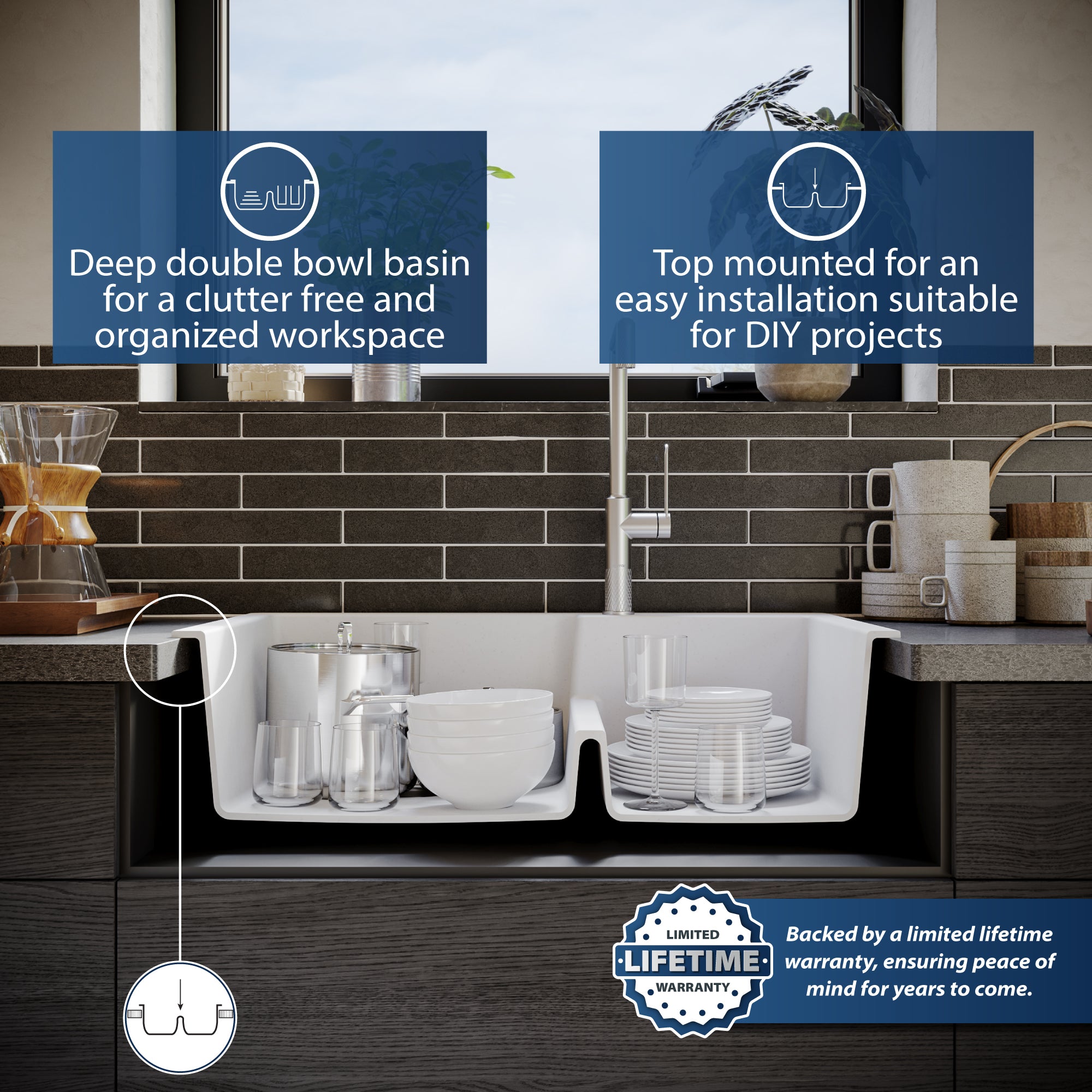 Karran 33" Drop In/Topmount Quartz Composite Kitchen Sink, 60/40 Double Bowl, White, QT-811-WH