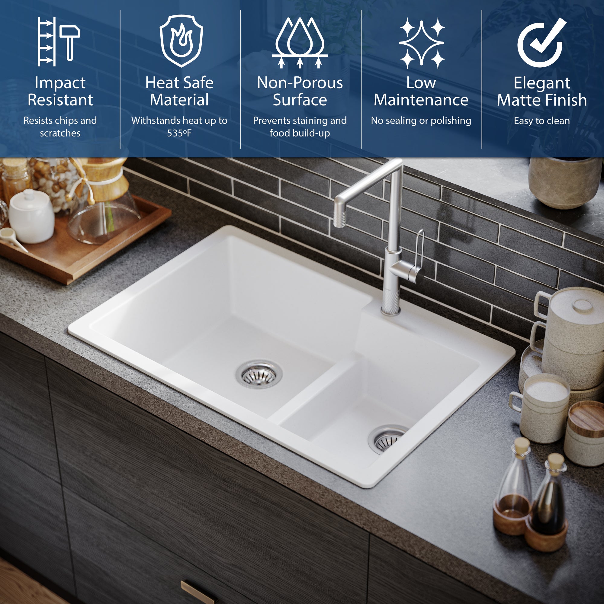 Karran 33" Drop In/Topmount Quartz Composite Kitchen Sink, 60/40 Double Bowl, White, QT-811-WH