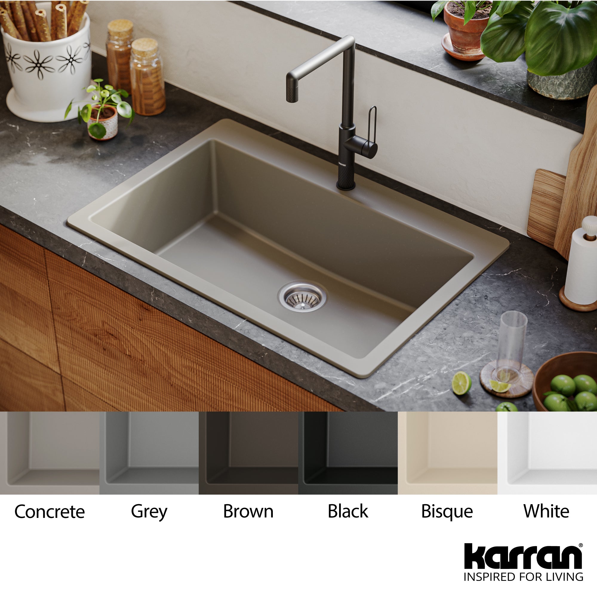 Karran 33" Drop In/Topmount Quartz Composite Kitchen Sink, Concrete, QT-812-CN