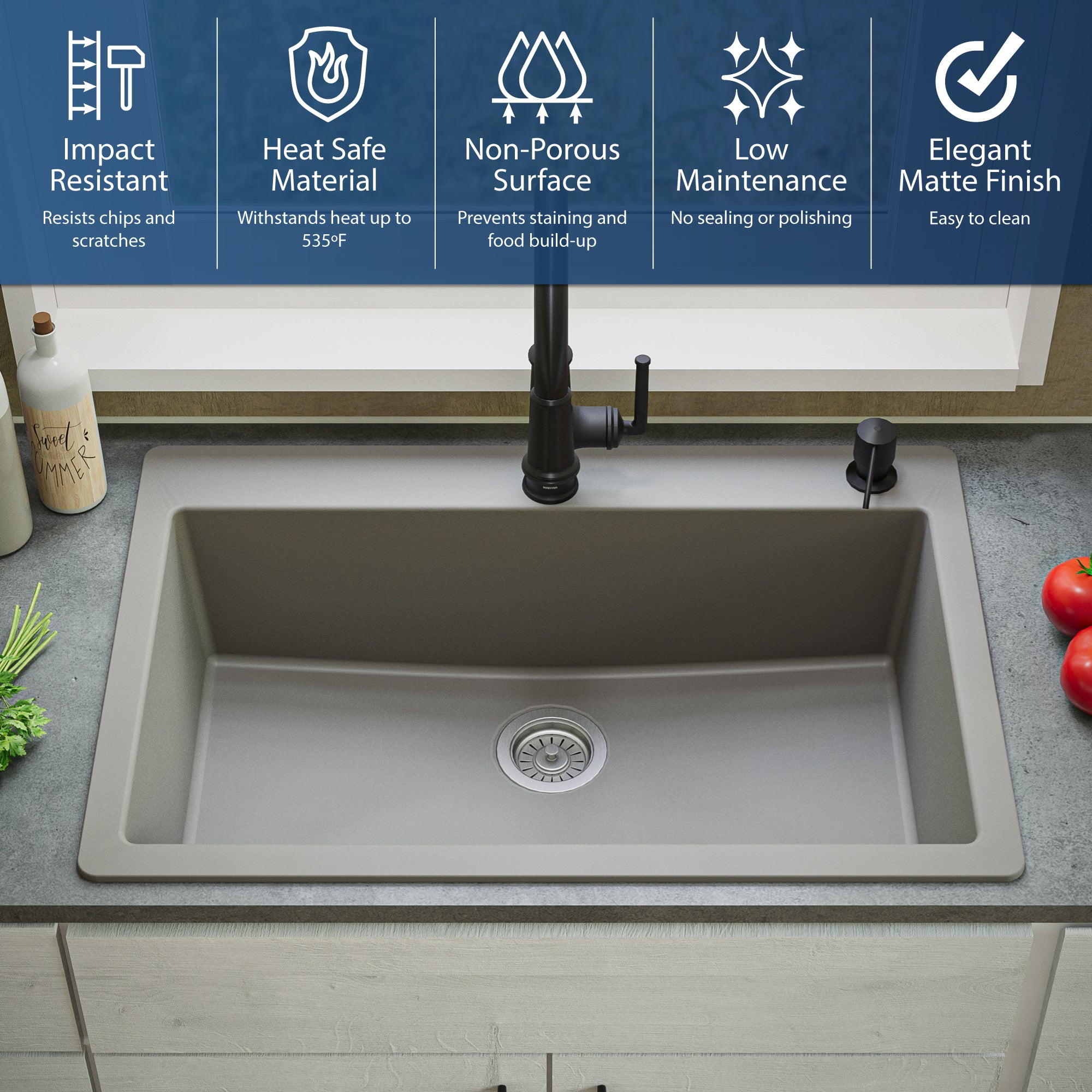 Karran 33" Drop In/Topmount Quartz Composite Kitchen Sink, Concrete, QT-812-CN