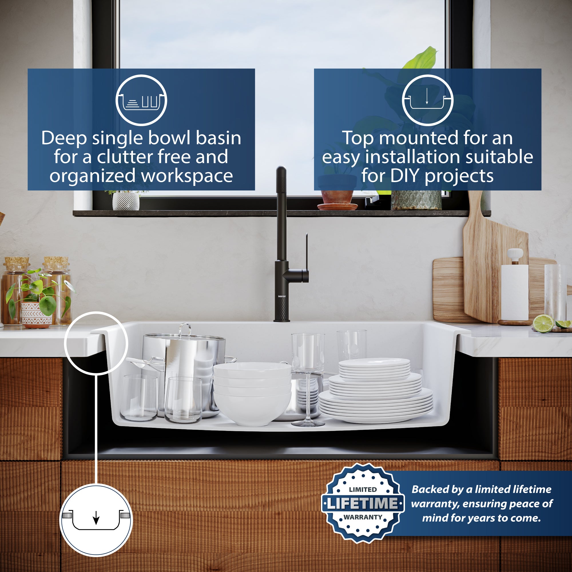 Karran 33" Drop In/Topmount Quartz Composite Kitchen Sink, White, QT-812-WH