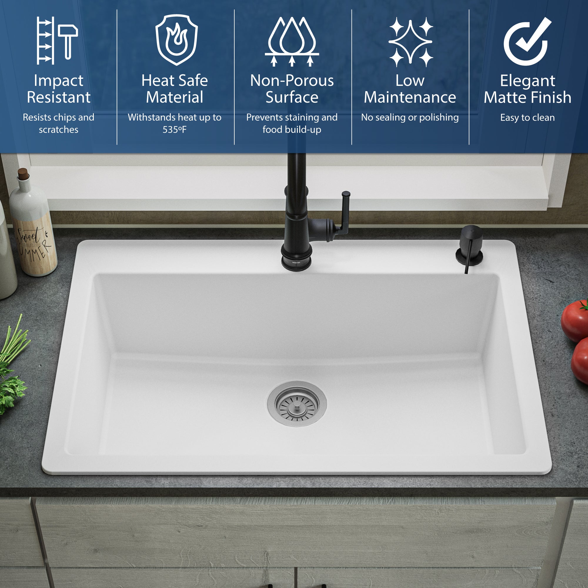 Karran 33" Drop In/Topmount Quartz Composite Kitchen Sink, White, QT-812-WH
