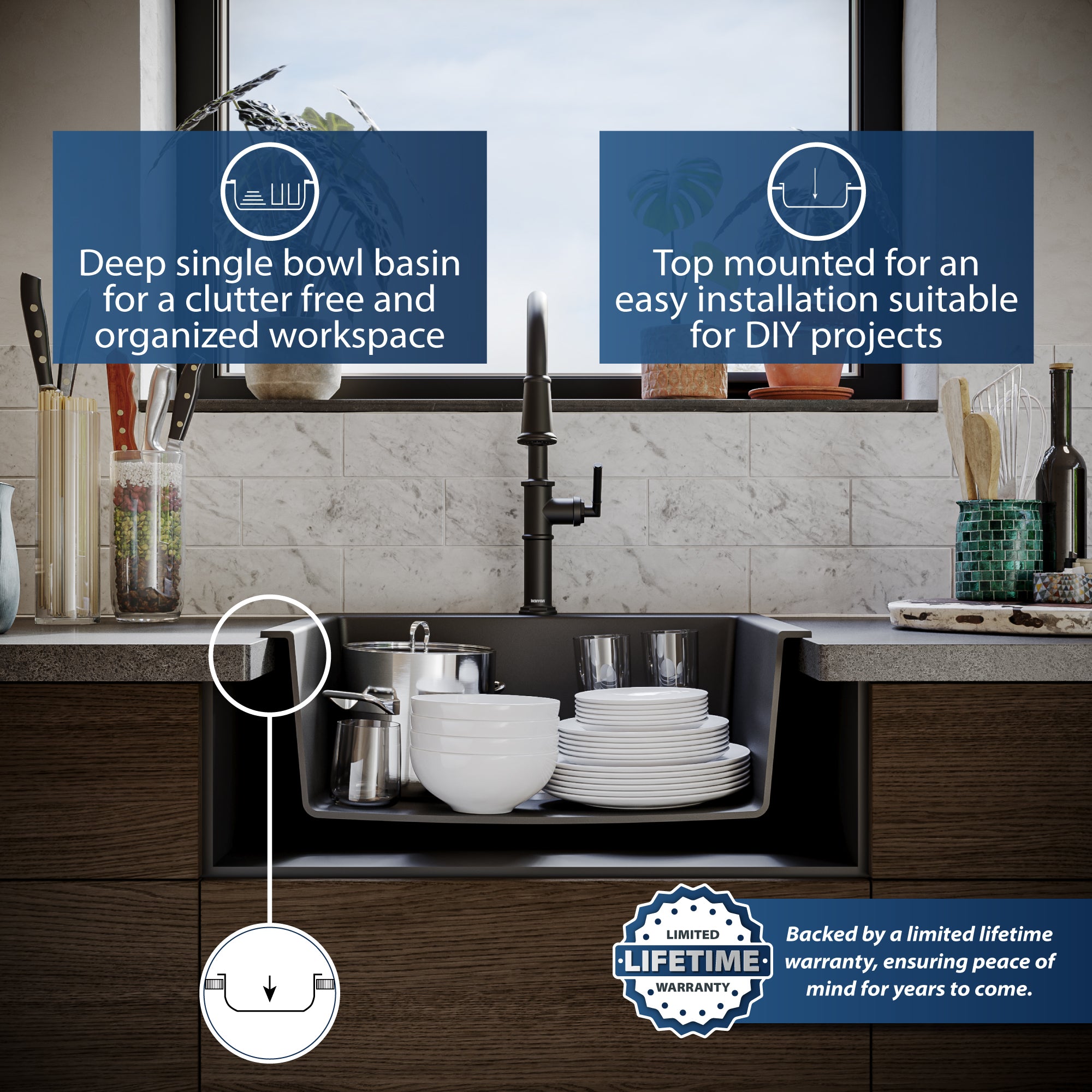 Karran 25" Drop In/Topmount Quartz Composite Kitchen Sink, Black, QT-820-BL