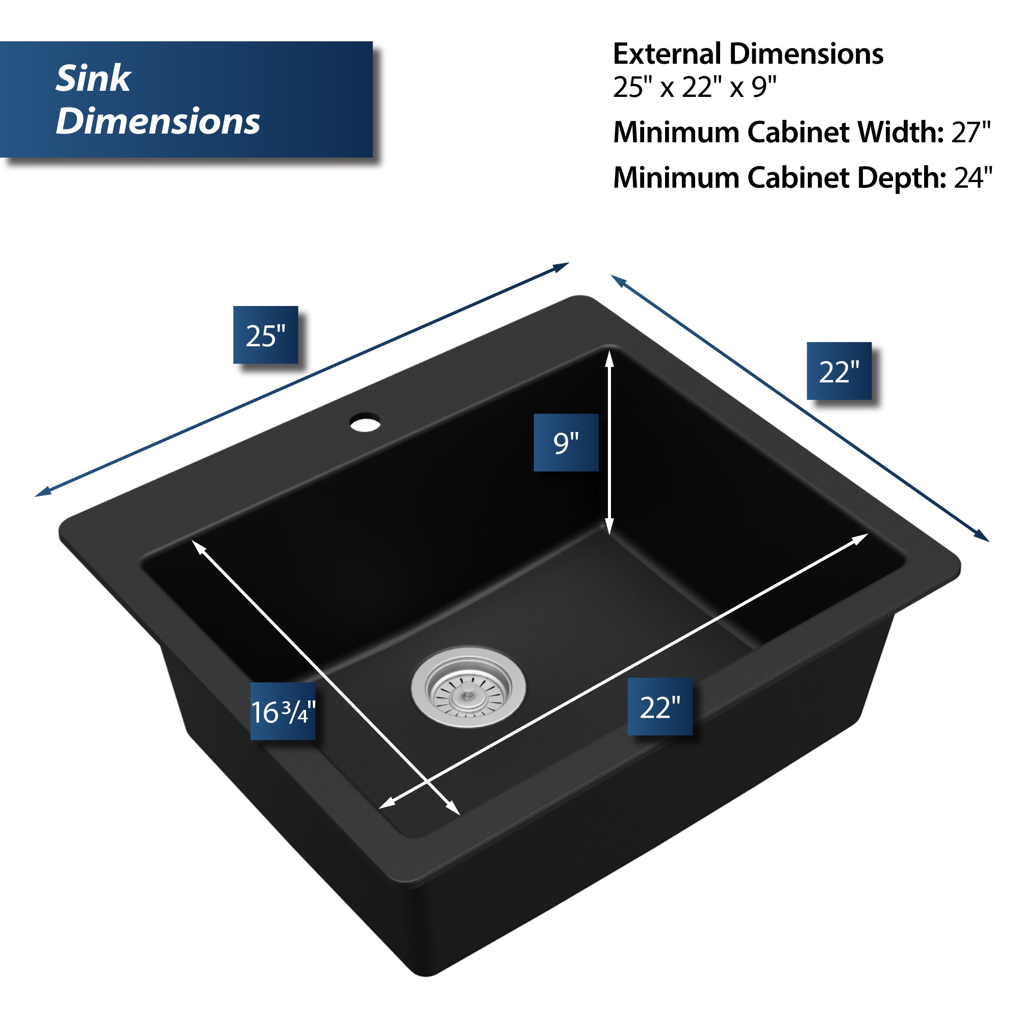 Karran 25" Drop In/Topmount Quartz Composite Kitchen Sink, Black, QT-820-BL