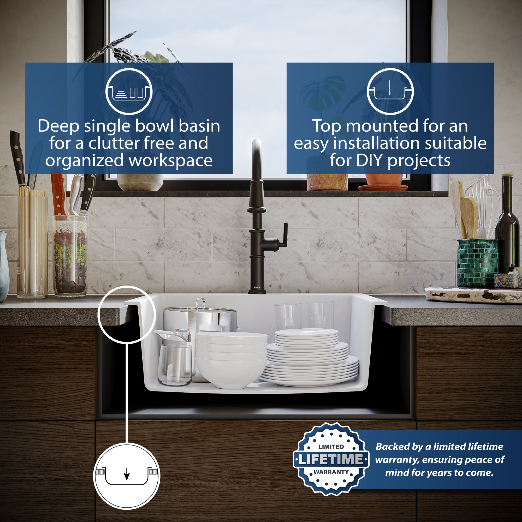 Karran 25" Drop In/Topmount Quartz Composite Kitchen Sink, White, QT-820-WH