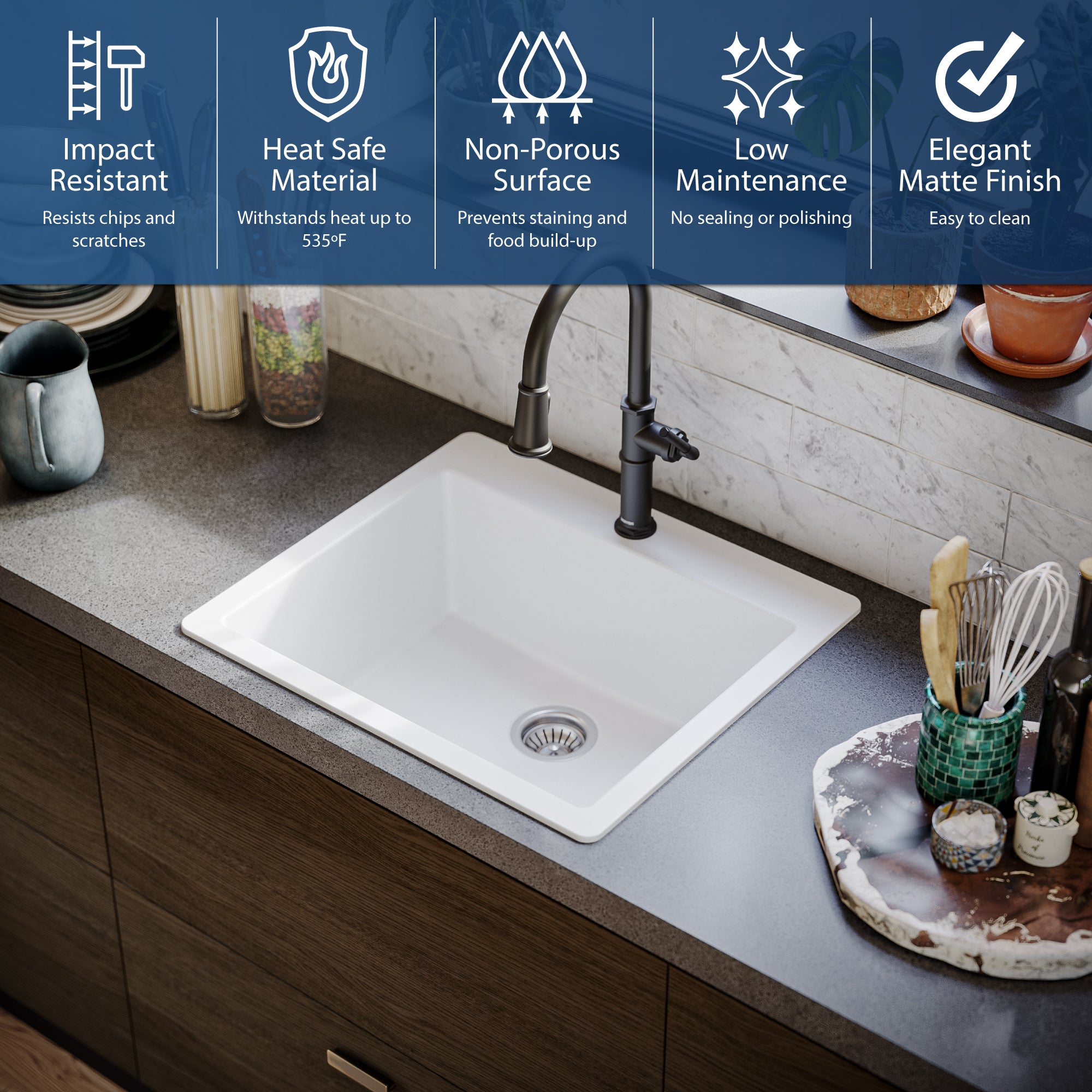 Karran 25" Drop In/Topmount Quartz Composite Kitchen Sink, White, QT-820-WH