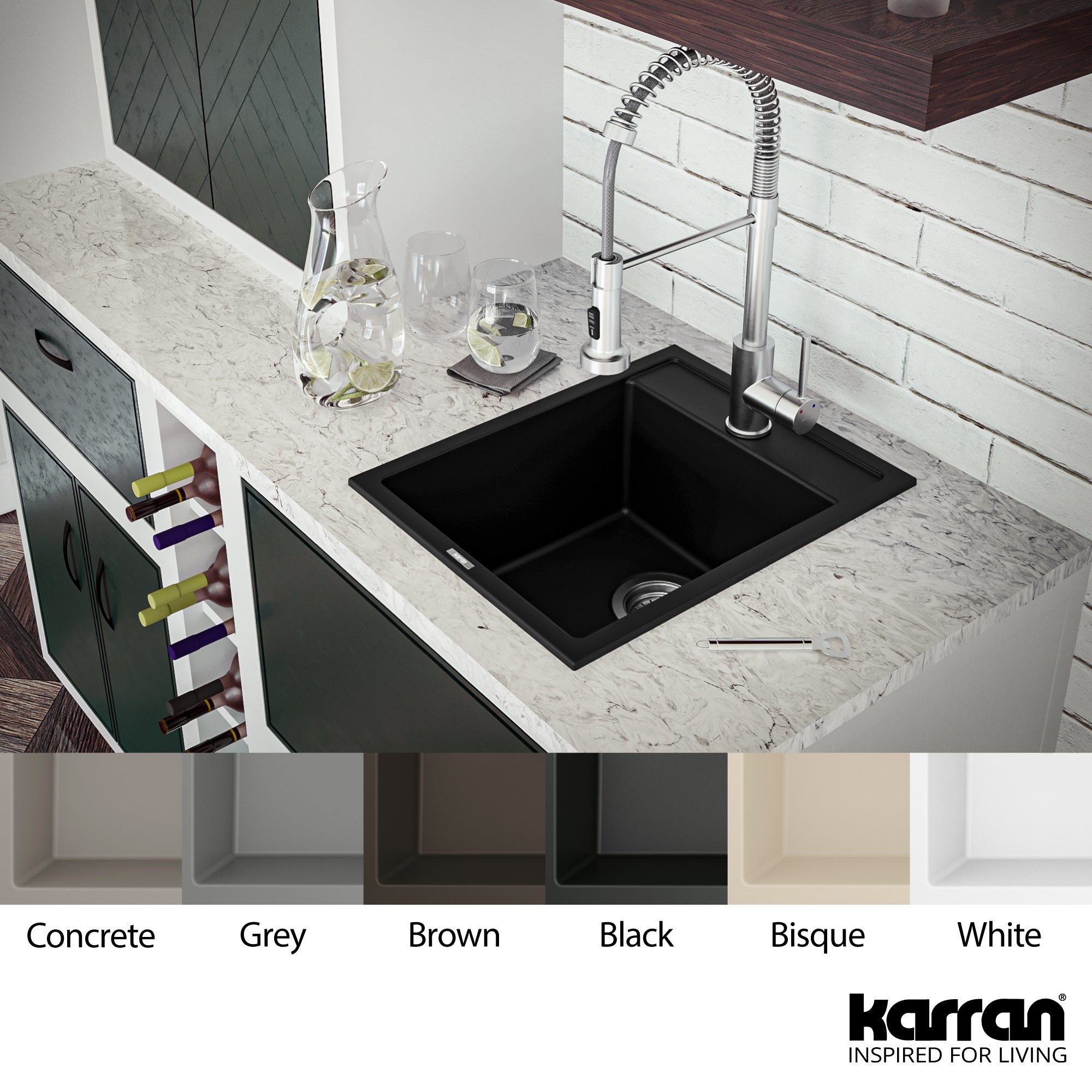 Karran 16" Drop In/Topmount Quartz Composite Kitchen Sink, Black, QT-825-BL