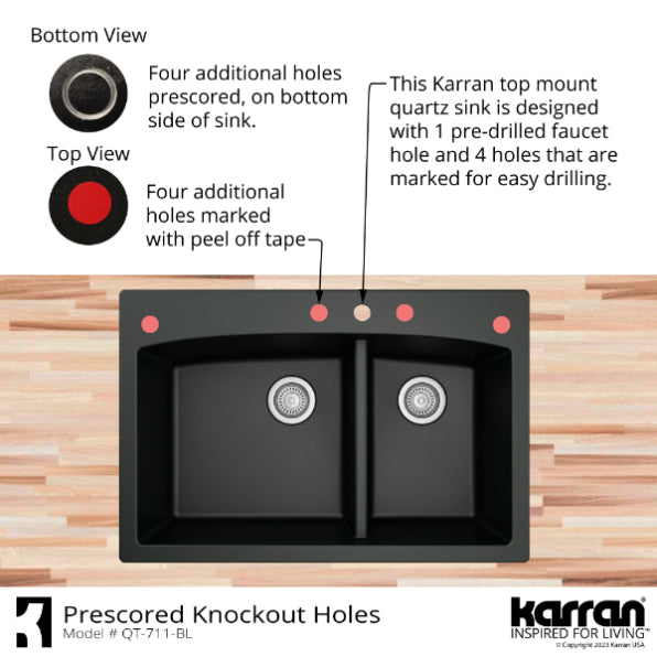 Karran 33" Drop In/Topmount Quartz Composite Kitchen Sink, 60/40 Double Bowl, Brown, QT-711-BR-PK1