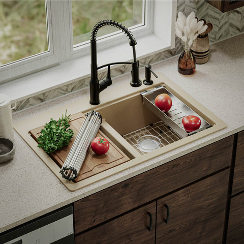 Karran 33" Drop In/Topmount Quartz Composite Kitchen Sink, 50/50 Double Bowl, Bisque, QTWS-880-BI
